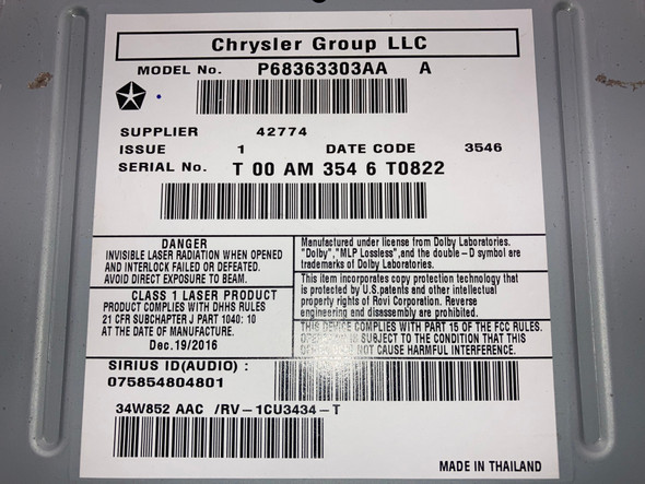 2015-2018 Jeep Wrangler JK 430N Radio Unit w/ Navigation / P68363303AA /   JK016