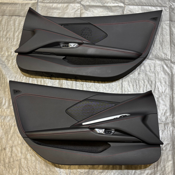 2020-2024 Chevrolet C8 Corvette Stingray 1LT Interior Door Panels / Pair / Black / Red Stitching /   C8001