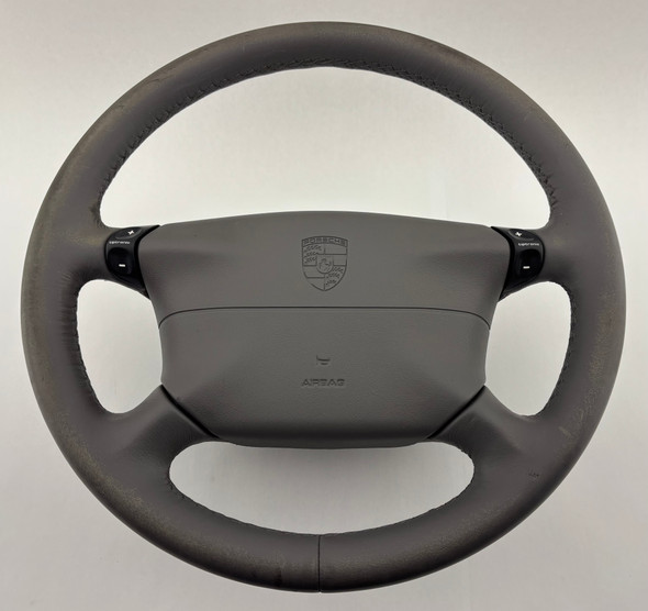 1997-1999 Porsche 986 Boxster / 996 911 Gray Leather 4 Spoke Steering Wheel w/ Airbag / Tiptronic /   P6019