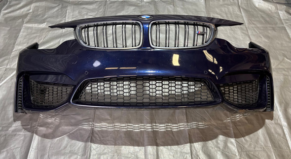 2015-2020 F80 F82 F83 BMW M3 M4 OEM Front Bumper Cover w/ Lower Grilles / Surround View Cameras / Tanzanite Blue Metallic  F8M07