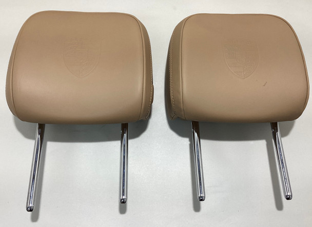 2015-2018 Porsche Macan Front Seat Headrests / Pair / Luxor Beige Leather w/ Crest /   PM004