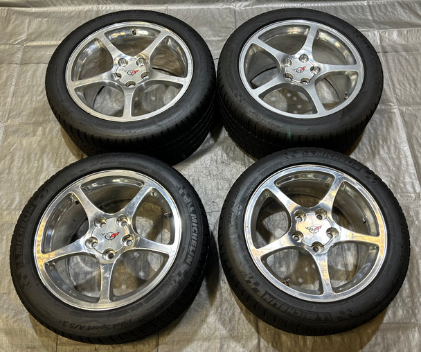 1997-2004 Chevrolet Corvette C5 OEM  5 Spoke Polished Wheels Rims w/ Michelin Tires / Set of 4 / C5032