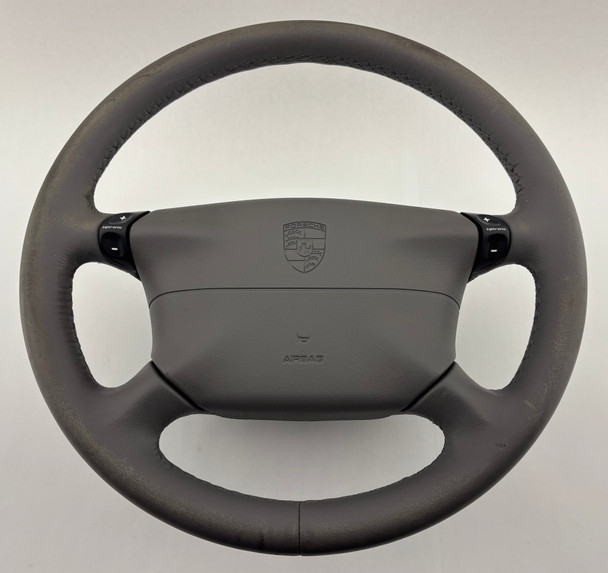 1997-1999 Porsche 986 Boxster / 996 911 Gray Leather 4 Spoke Steering Wheel w/ Airbag / Tiptronic /   P6019