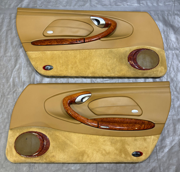 1999-2004 Porsche 996 911 OEM Interior Door Panels / Sand Beige / Light Burr Maple Wood Trim / Pair /   P6020