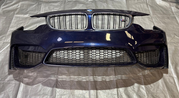 2015-2020 F80 F82 F83 BMW M3 M4 OEM Front Bumper Cover w/ Lower Grilles / Surround View Cameras / Tanzanite Blue Metallic  F8M07