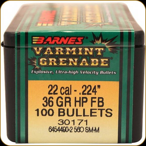 Barnes - 22 Cal - 36 Gr - Varmint Grenade - Hollow Point Flat Base - 100ct  - 30171