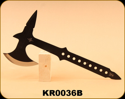Consign - Kit-Rae - Blackjet Throwing Axe - One piece black finish stainless construction, Skeletonized handle. 7 1/4" axe head with 4 5/8" sharpened edge, 14 3/8" overall, Opposite end is a sharpened spike, c/w Black nylon belt sheath