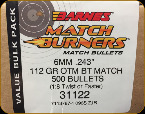 Barnes - 6mm - 112 Gr - Match Burner - Open Tip Match Boat Tail - 500ct - 31122