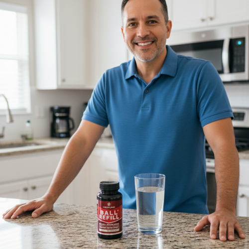 Woman in blue swim suit holding bottle of Ball Refill