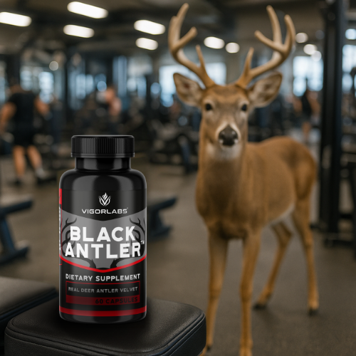Bottle of Black Antler with deer at gym