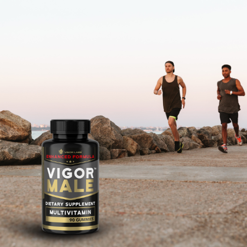Bottle of Vigor Male Multivitamin Gummies with two men running