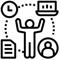 Clock, laptop, avatar, and paper surrounding man