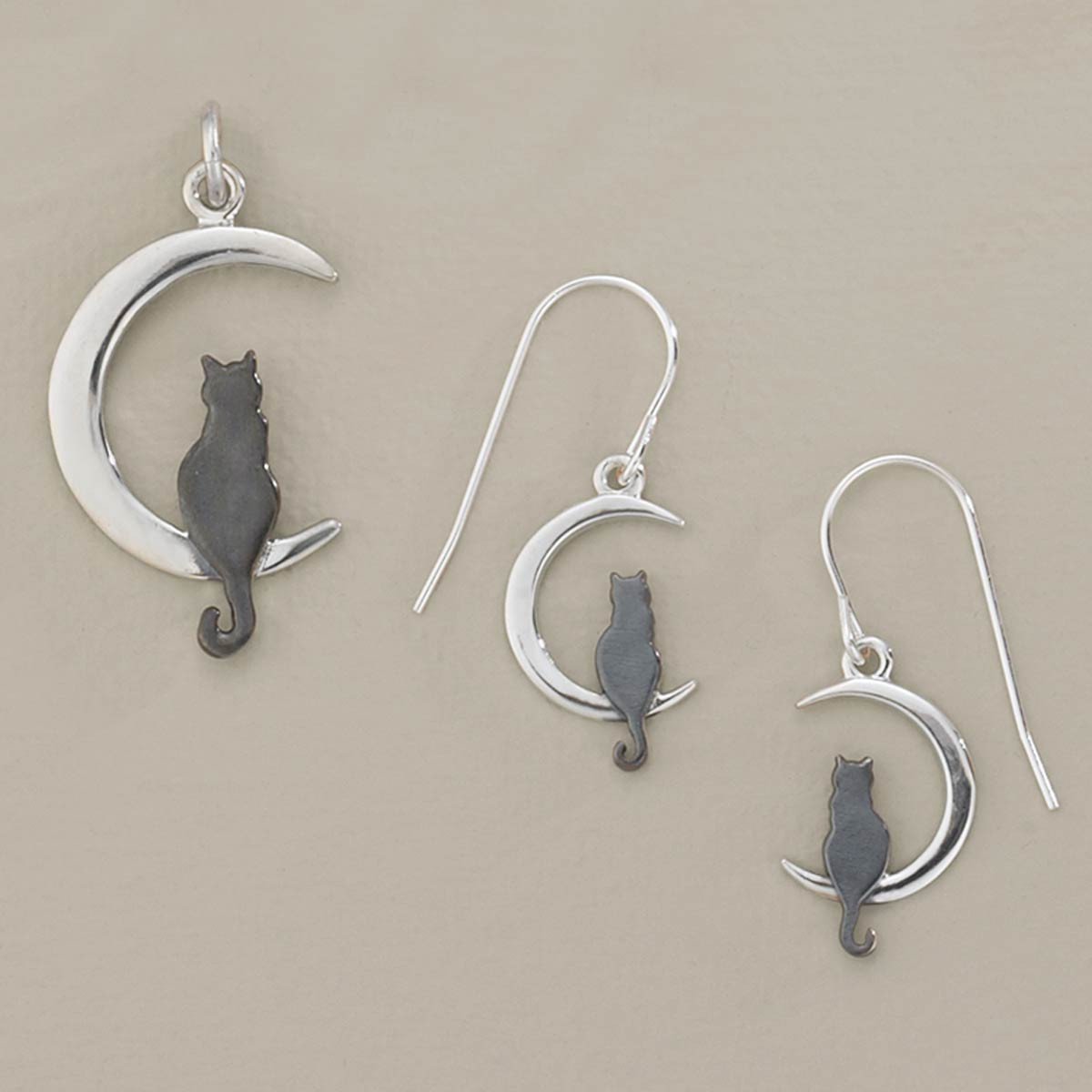 Sterling Silver Crescent Moon Black Cat Pendant