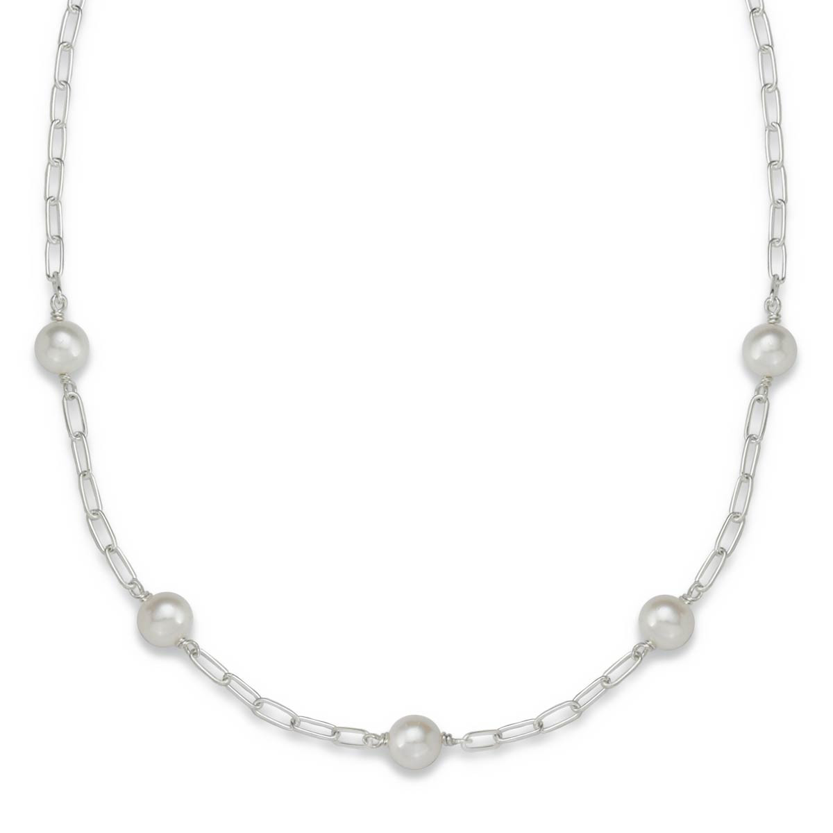 Sterling Silver Pearl & Paperclip Station Necklace - J.H. Breakell