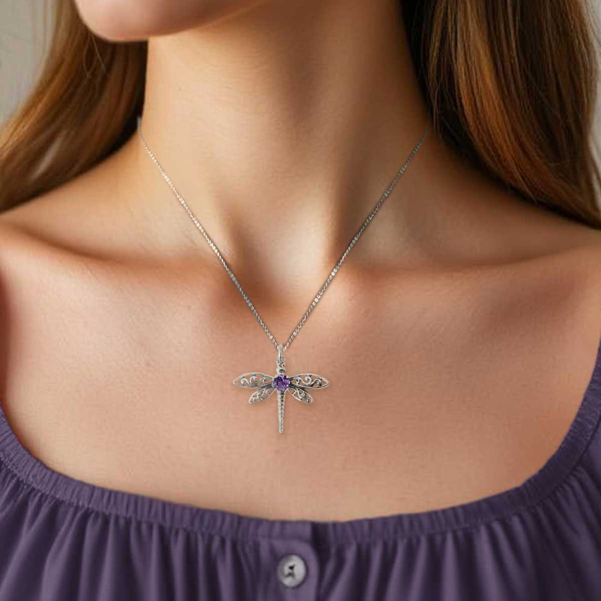 Sterling Silver Dragonfly Pendant with Amethyst - J.H. Breakell
