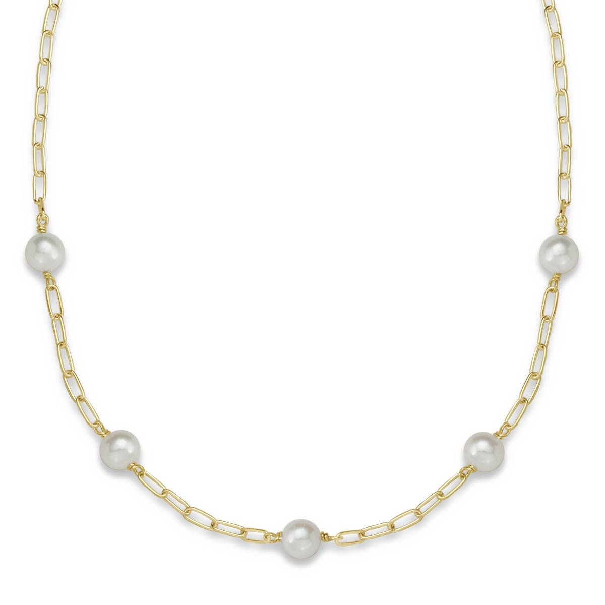 14k Gold Pearl & Paperclip Station Necklace - J.H. Breakell and Co.