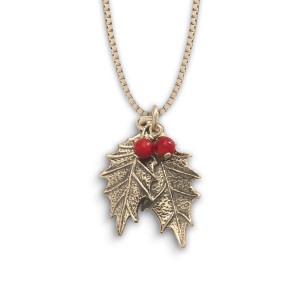 JHBreakell 14K Gold Holly Pendant with Genuine Coral