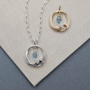 14K Gold Wave Break Blue Topaz Pendant
