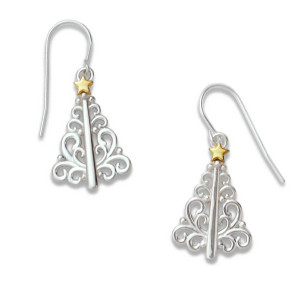 JHBreakell Sterling Silver and 14k Gold Filigree Christmas Tree Earrings