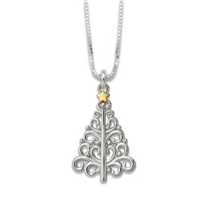 Sterling Silver & 14k Gold Filigree Christmas Tree Pendant