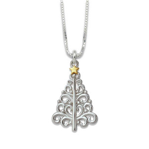 JHBreakell Sterling Silver and 14k Gold Filigree Christmas Tree Pendant