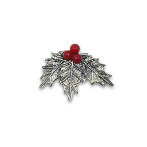 Sterling Silver Holly Pin with Genuine Coral