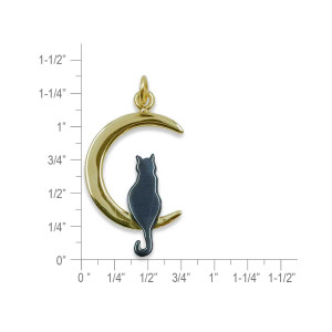 14k Gold & Sterling Silver Crescent Moon & Black Cat Pendant