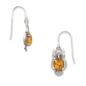 Sterling Silver Owl Amber Earrings
