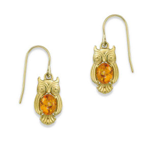 14k Gold Owl Amber Earrings