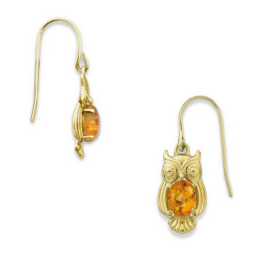14k Gold Owl Amber Earrings