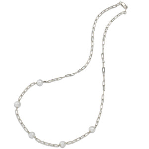 Sterling Silver Pearl & Paperclip Station Necklace