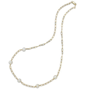 14k Gold Pearl & Paperclip Station Necklace