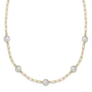 14k Gold Pearl & Paperclip Station Necklace