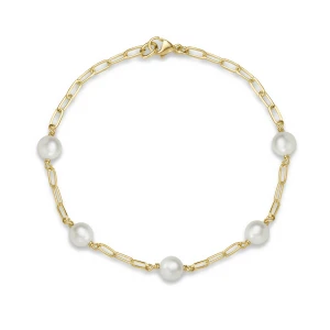 14k Gold Pearl & Paperclip Station Bracelet
