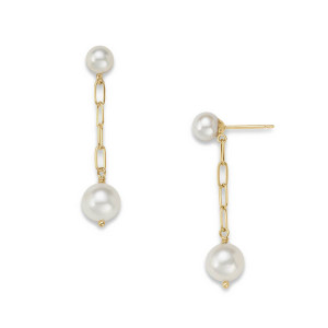 14k Gold Pearl & Paperclip Dangle Earrings