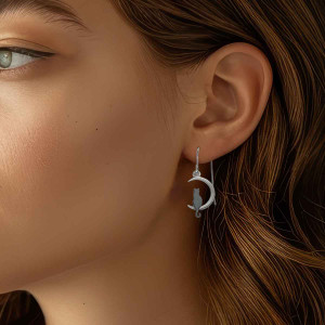 Sterling Silver Crescent Moon & Black Cat Earrings