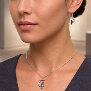 Sterling Silver Crescent Moon & Black Cat Earrings