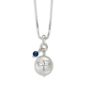 Sterling Silver Coin Pearl Dragonfly Pendant with Lapis