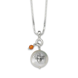 Sterling Silver Coin Pearl Bee Pendant with Amber