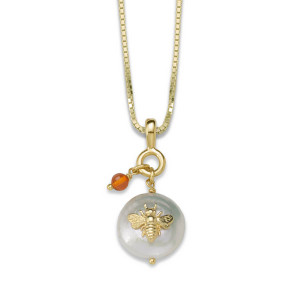 14k Gold Coin Pearl Bee Pendant with Amber