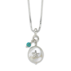 Sterling Silver Coin Pearl Starfish Pendant with Turquoise