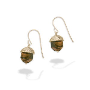 14k Gold Acorn Tiger Eye Earrings