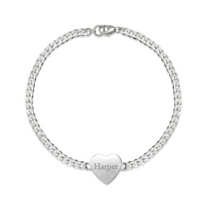 Sterling Silver Curb Chain Heart ID Bracelet