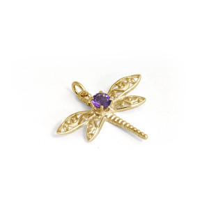 14k Gold Dragonfly Pendant with Amethyst
