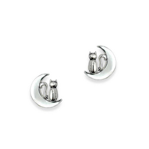 Sterling Silver Cat & Crescent Moon Post Earrings