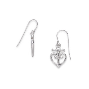 Sterling silver anchored heart earrings side view