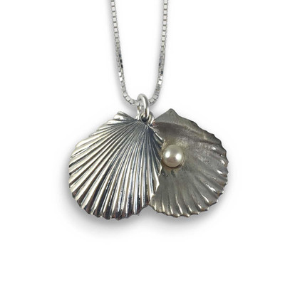 JHBreakell Sterling Silver Double Scallop Shell Pendant with Freshwater Pearl JHBreakell Sterling Silver Double Scallop Shell Pendant with Freshwater Pearl