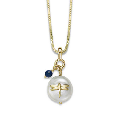 14k Gold Coin Pearl Dragonfly Pendant with Lapis