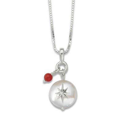 Sterling Silver Coin Pearl North Star Pendant with Coral Sterling Silver Coin Pearl North Star Pendant with Coral