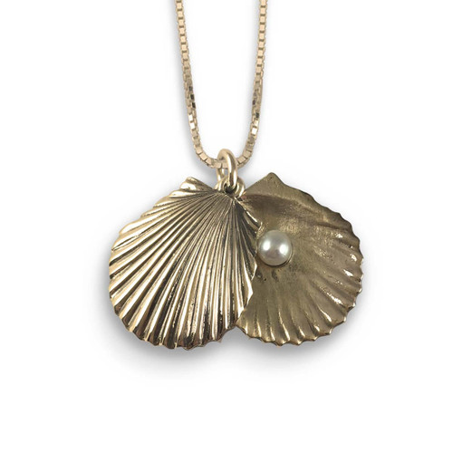 14K Gold Double Scallop Shell Pendant with Freshwater Pearl - JH